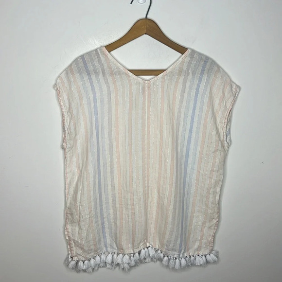 ST. TROPEZ West Linen Metallic Weave Boho Tassel Hem Sleeveless V Neck Blouse - Picture 7 of 11